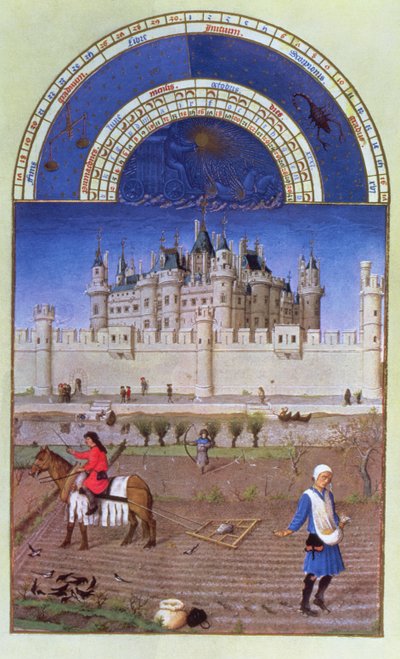 Faksimile von Oktober: Aussaat des Wintergetreides durch die Brüder Limbourg, aus den 